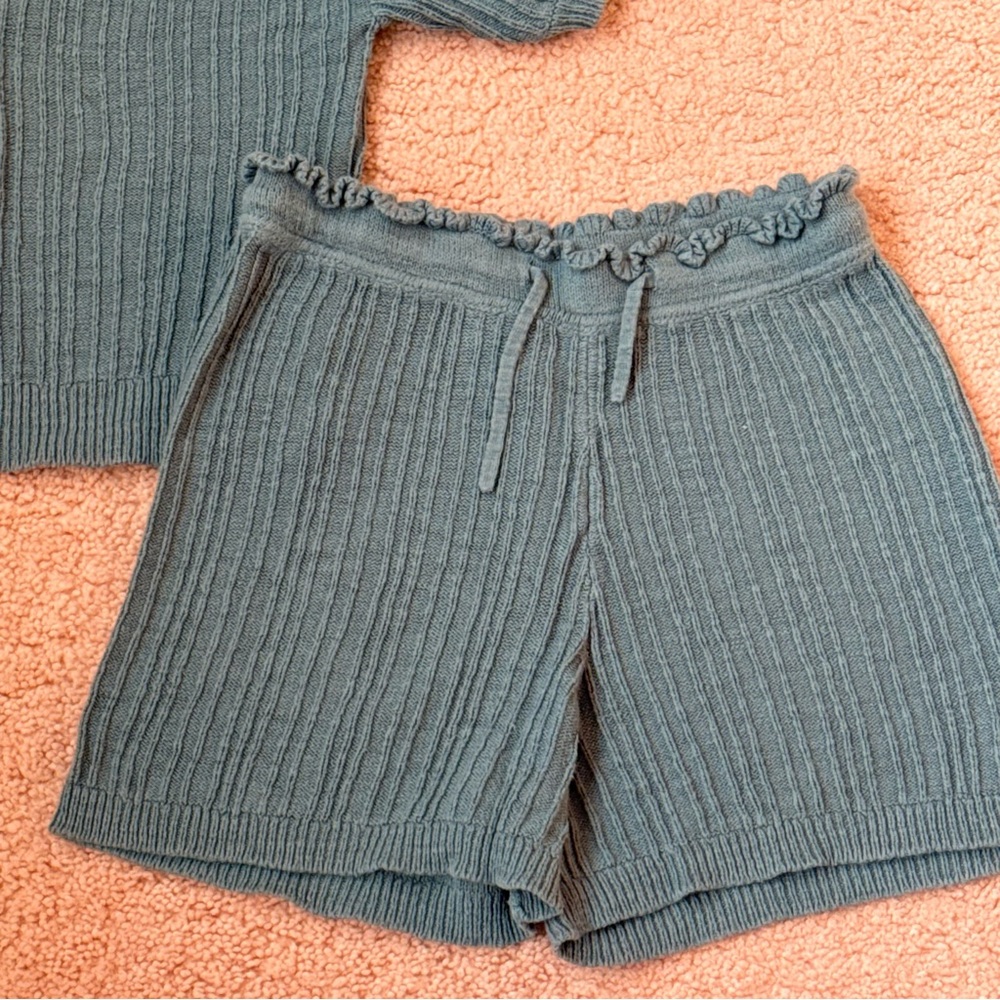 Free Assembly Ribbed Knit Lounge Set Blue Green Teal Size M 7/8 Girls Top Short - Picture 8 of 9